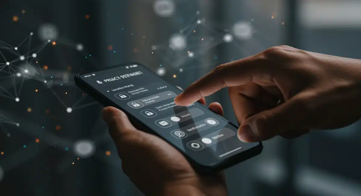 Hand navigating smartphone privacy settings menu, managing digital security