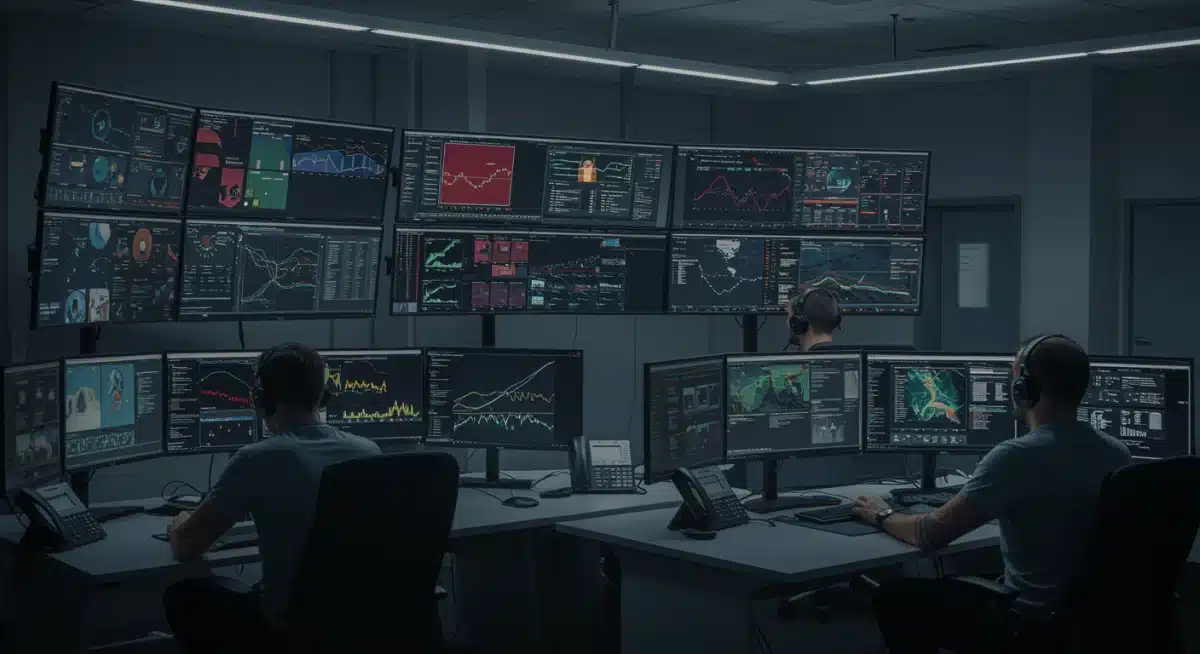 Security operations centre analysts monitoring threat intelligence