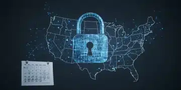 Digital padlock over US map with data lines and calendar, symbolising cybersecurity directives and privacy impact.