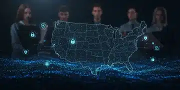 Illustration of the US cybersecurity workforce gap impacting national security, with digital threats and protective measures.