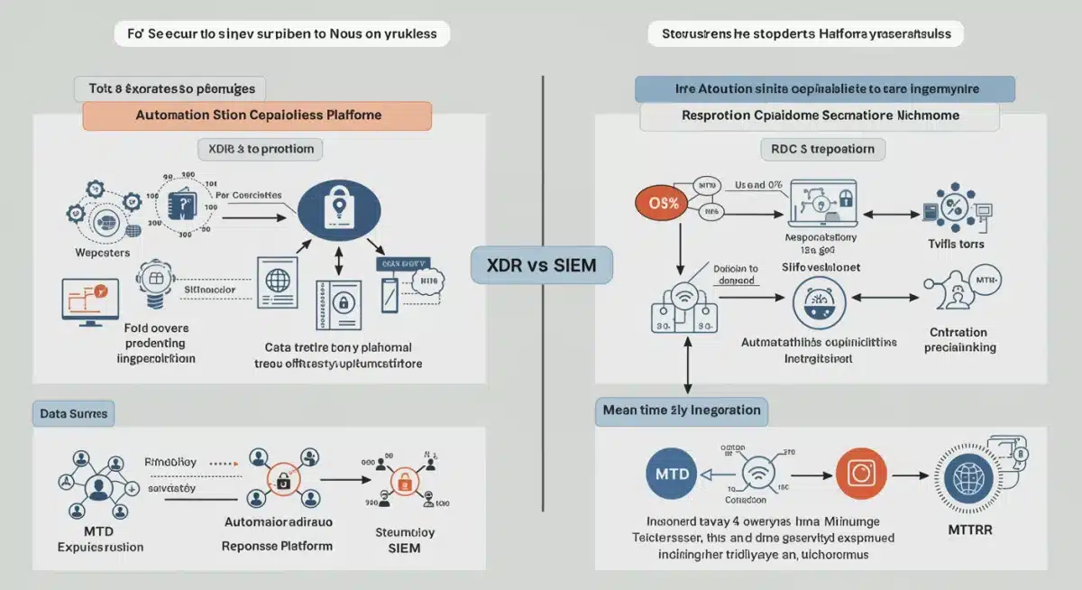 Infographic detailing the comparative features and operational differences between XDR and SIEM solutions.