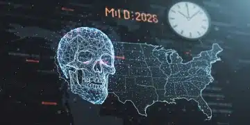 AI-powered cyber threats looming over the US by mid-2026, depicted as a digital skull emerging from neural networks.
