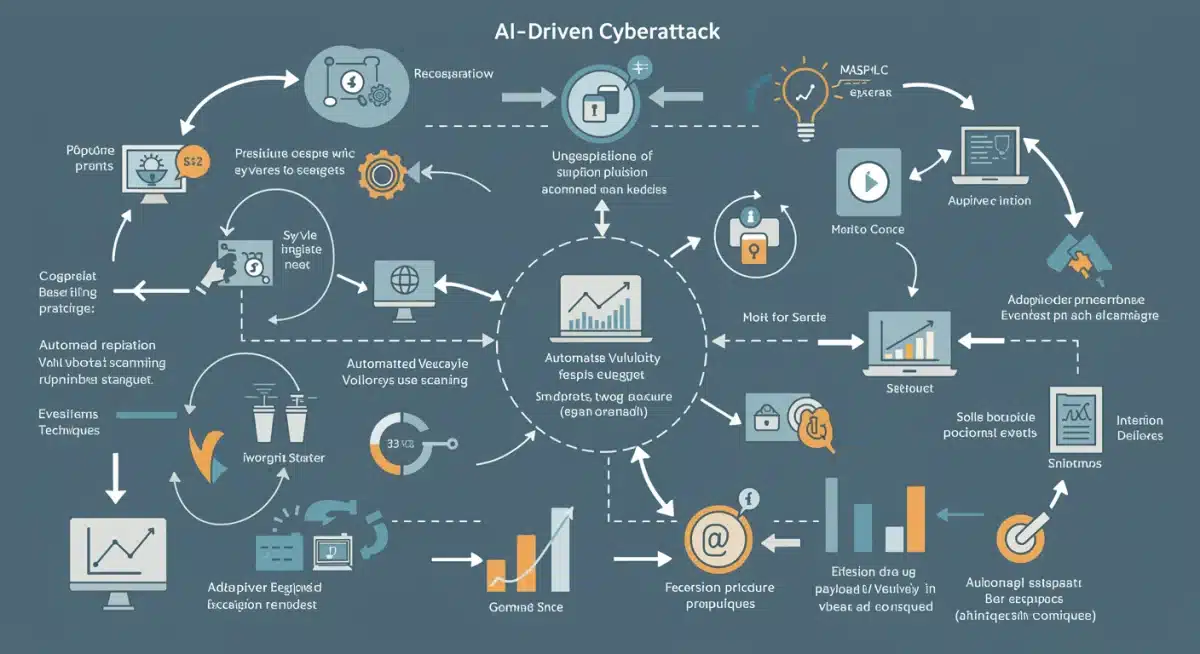 Infographic detailing the lifecycle and adaptive nature of an AI-driven cyberattack.