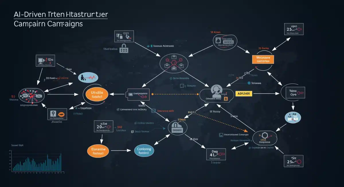 Complex network infrastructure diagram illustrating AI-driven phishing campaign data flows.