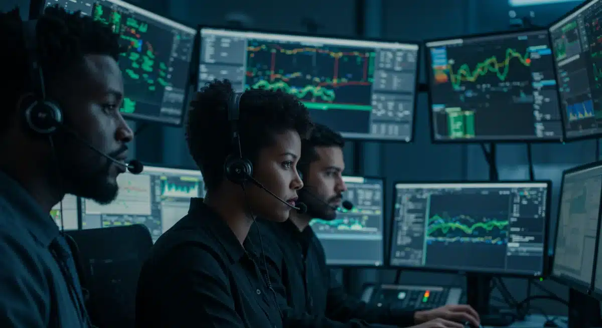 Cybersecurity analysts monitoring network for threats in a secure operations centre.