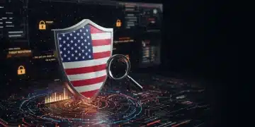 Cybersecurity shield with US flag colours protecting a digital network, representing threat intelligence platforms.