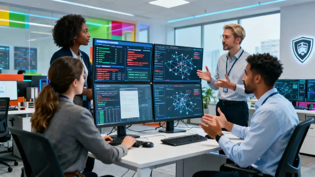 Cybersecurity team collaborating on threat intelligence and proactive security.