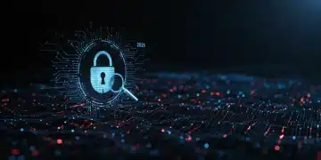 Stylised digital representation of the dark web with security lock and magnifying glass, indicating investigation of hidden threats.