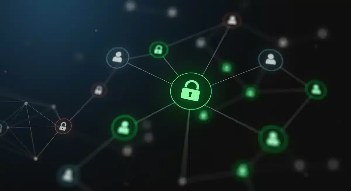 Abstract visualisation of data flow, with secure and obscured pathways, representing data footprint management.