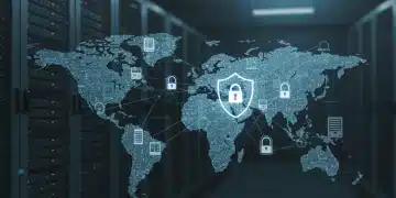 Digital shield protecting a complex supply chain network in the US, illustrating cybersecurity defense.
