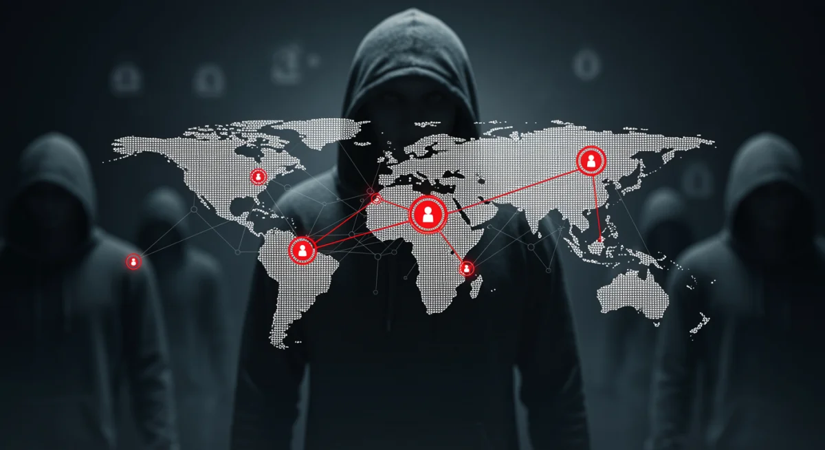 Visualisation of a global cybercrime network with highlighted threats and anonymous figures, illustrating organised dark web operations.