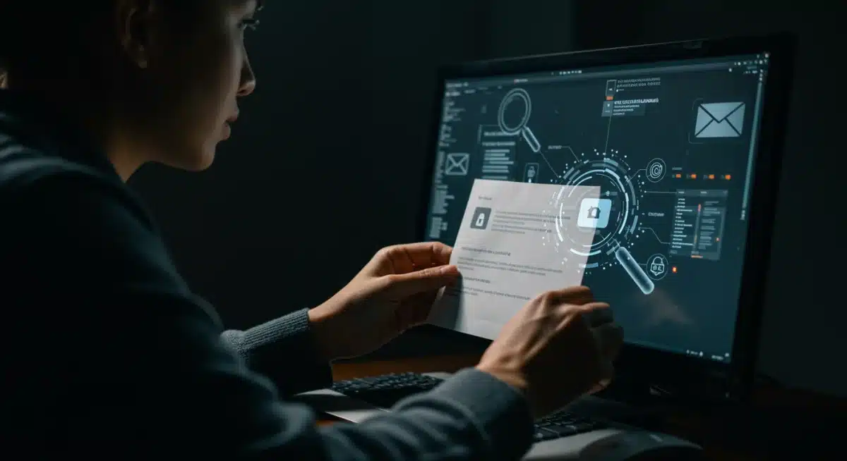 Person examining email for suspicious elements, symbolising human vigilance against AI phishing.