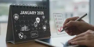 Digital calendar with January 2026, cybersecurity icons, and a hand ticking off a privacy checklist.