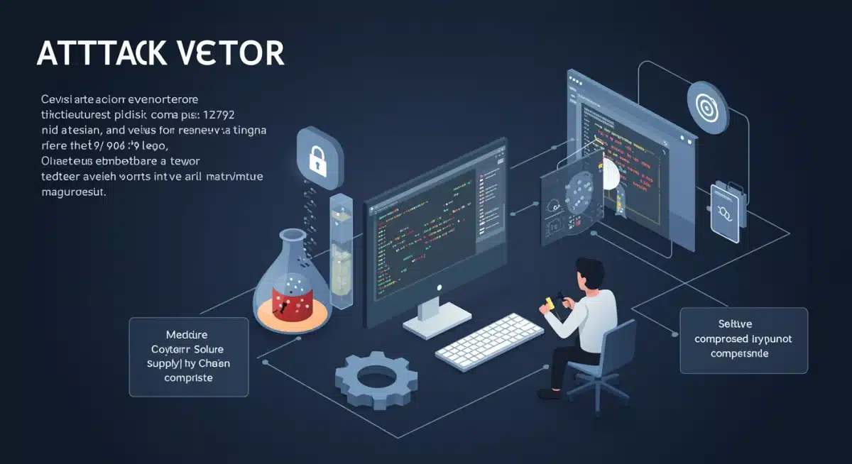 Malicious code injection into a software development pipeline, depicting a software supply chain compromise.