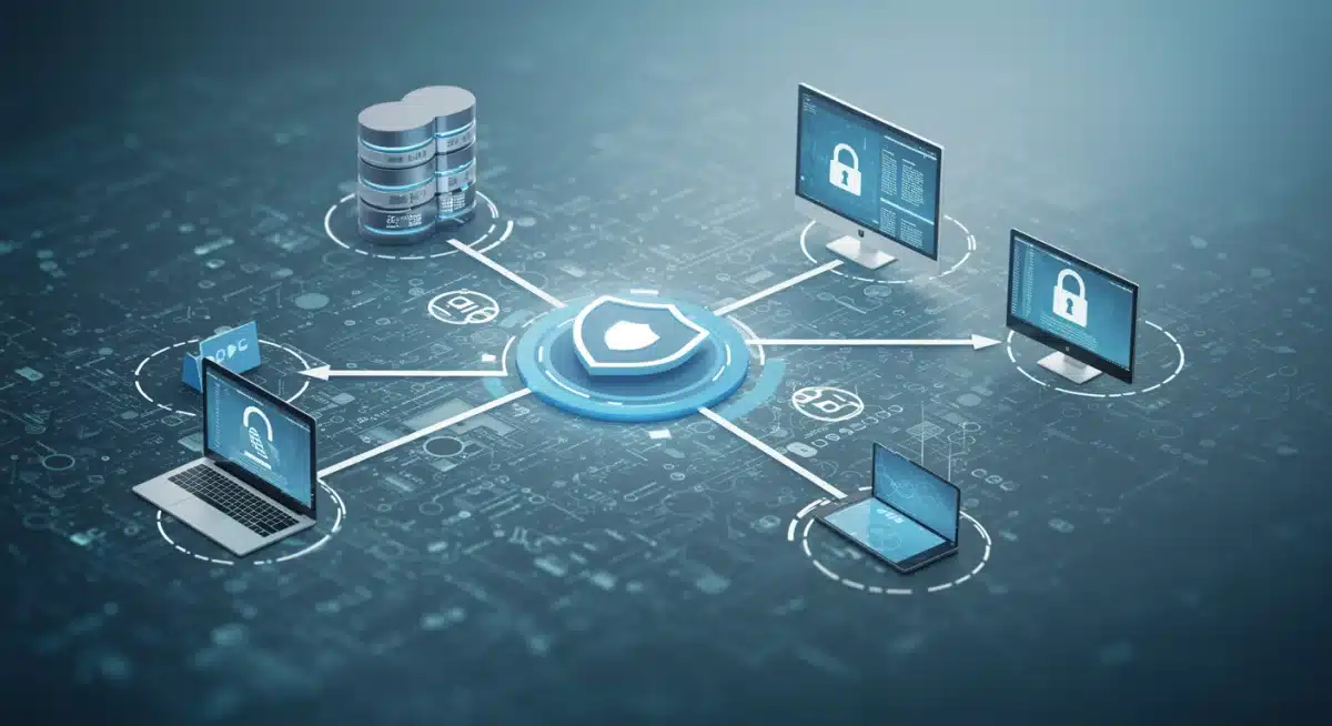 Interconnected digital systems with secure data flow and a central protective shield.