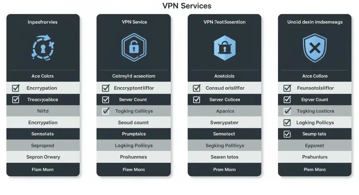 Infographic comparing VPN features: encryption, server count, logging policy, and pricing.