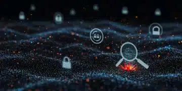 Futuristic digital landscape showing automated threat hunting detecting hidden cyber threats.