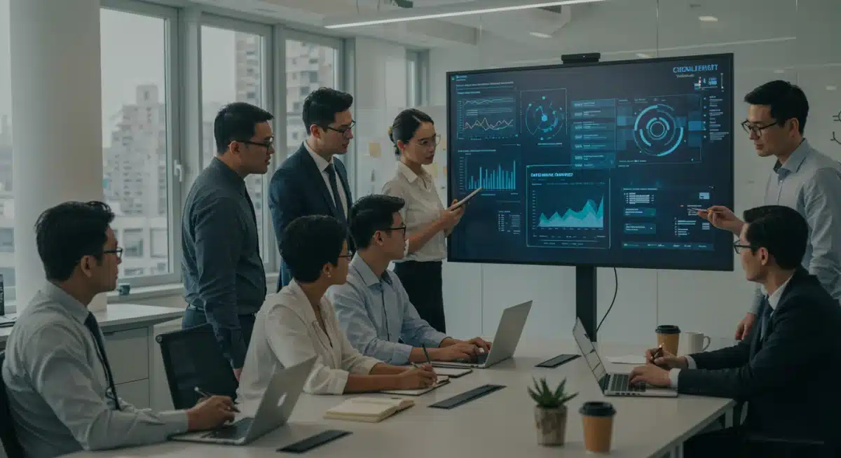 Professionals collaborating on cybersecurity strategies and compliance checklists for new data privacy regulations.