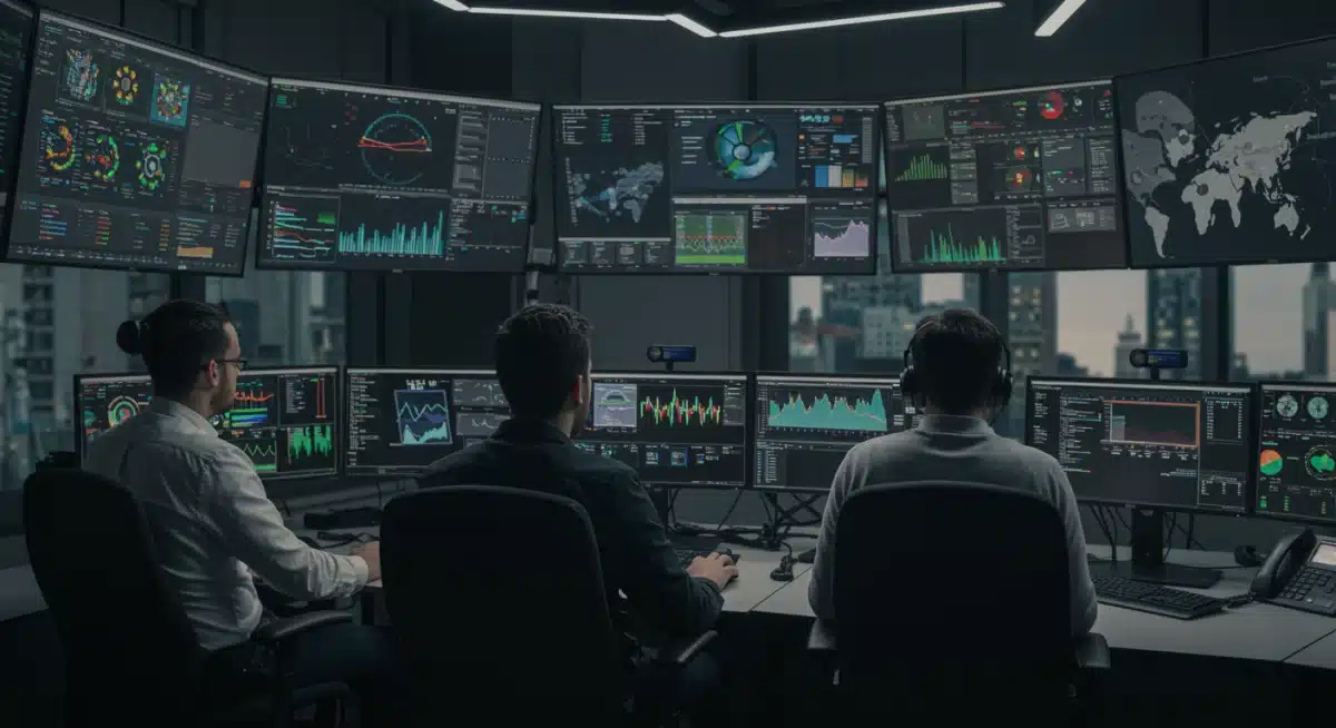 Cybersecurity team collaborating in a control room, analyzing threat intelligence for critical infrastructure protection.