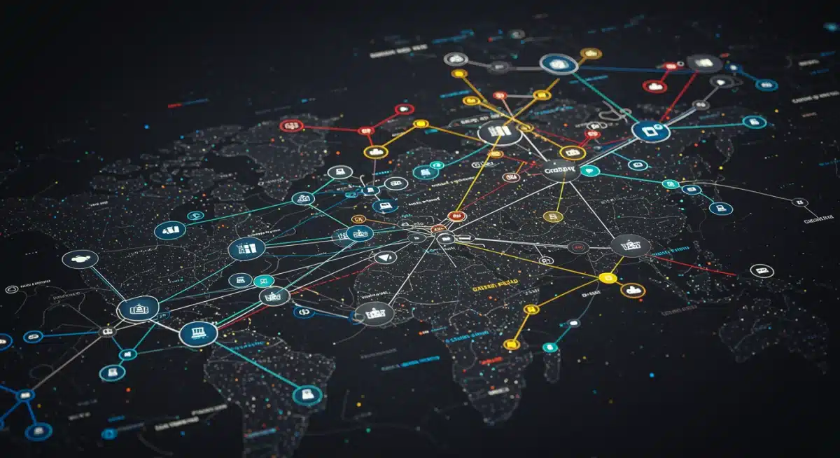 Complex network diagram showing data flow and vulnerabilities, representing critical infrastructure protection under new cybersecurity directives.