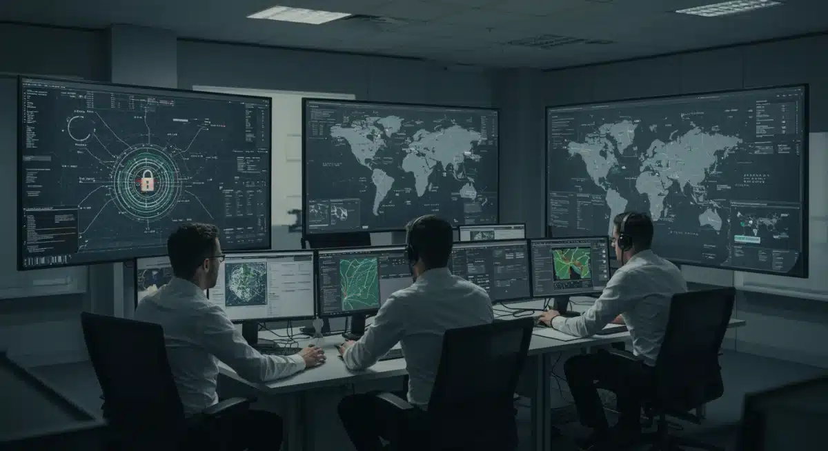 Cybersecurity team collaborating in a SOC, leveraging automated threat hunting tools.