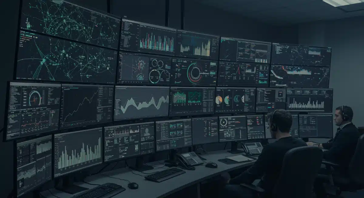 Cybersecurity analysts monitoring network traffic and threat alerts in a SOC.