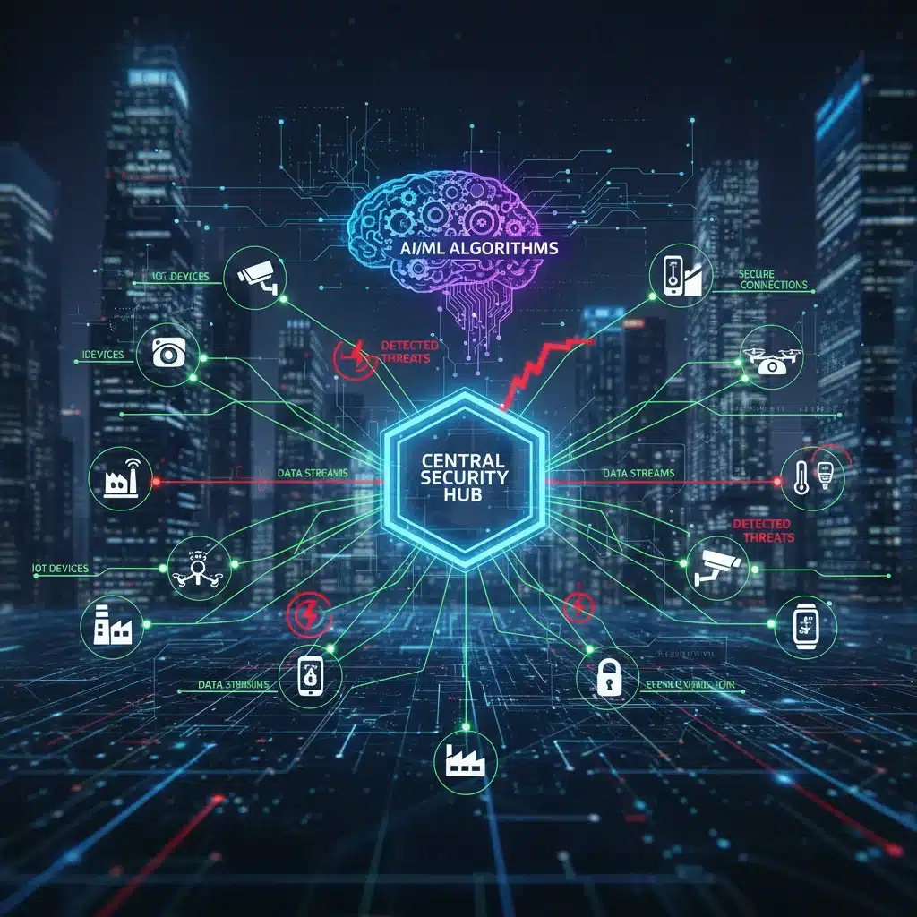 Complex network diagram showing IoT devices, AI/ML analysis, and threat detection in a digital cityscape.