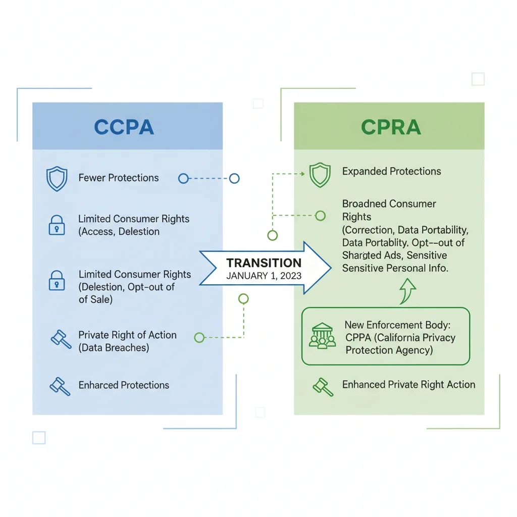 Infographic comparing CCPA and CPRA, showing expanded consumer rights and enforcement under CPRA.