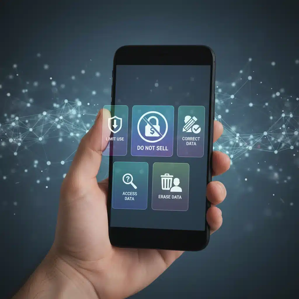 Consumer exercising data rights on a smartphone, displaying privacy control options for personal information.