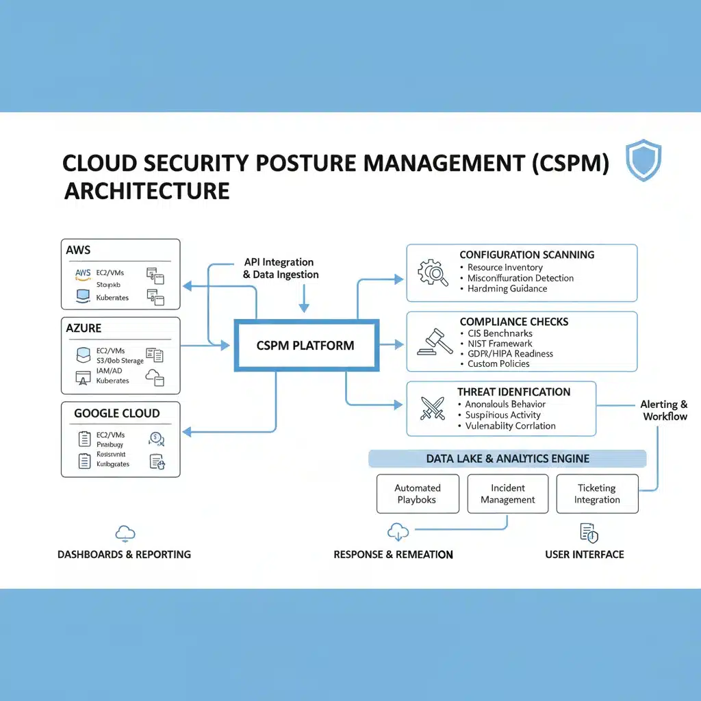 Infographic illustrating Cloud Security Posture Management (CSPM) architecture and functionalities.