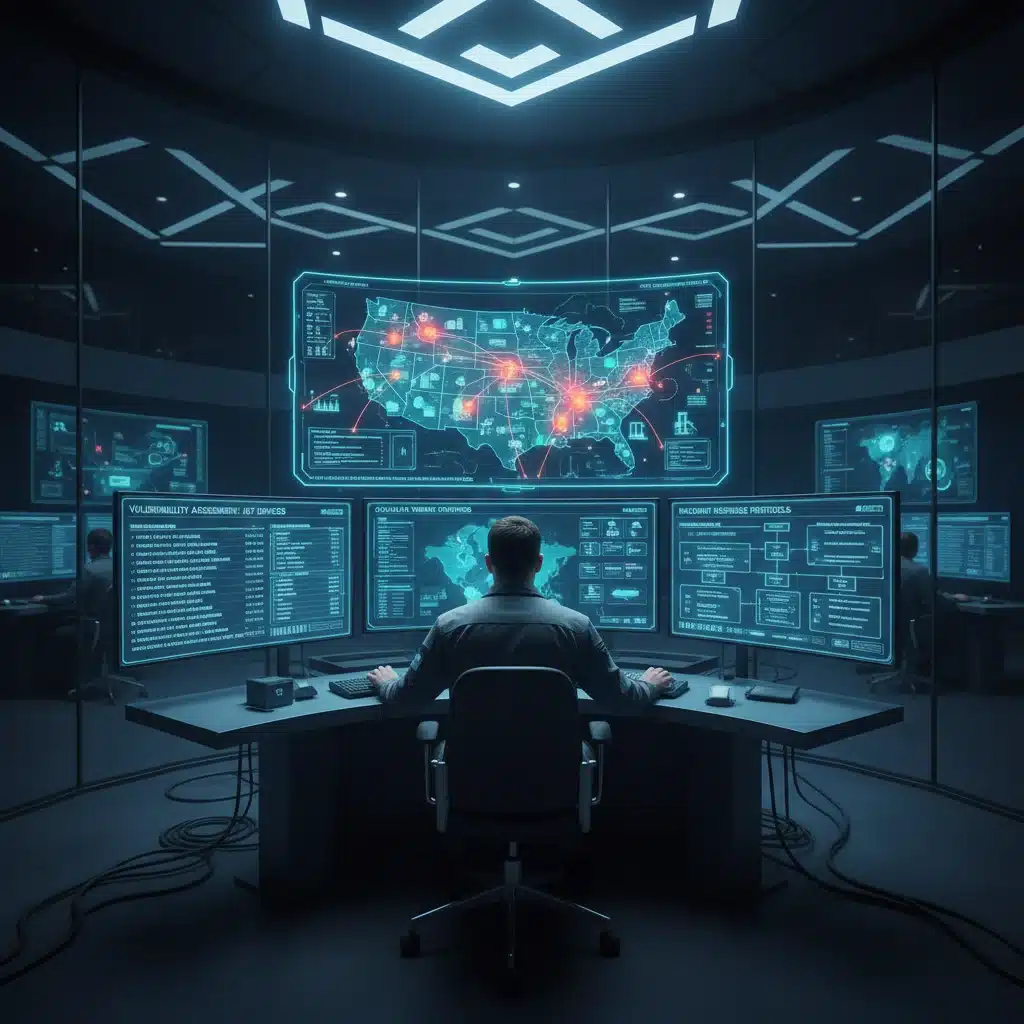 Cybersecurity analyst monitoring real-time IoT threat intelligence and incident response in a control room, with US maps.
