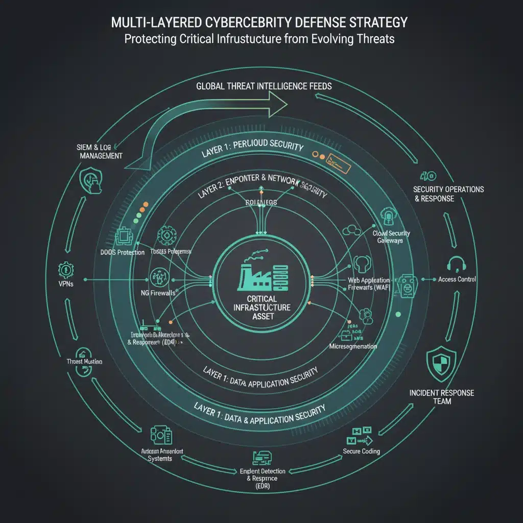 Multi-layered cybersecurity defence strategy diagram for critical infrastructure.
