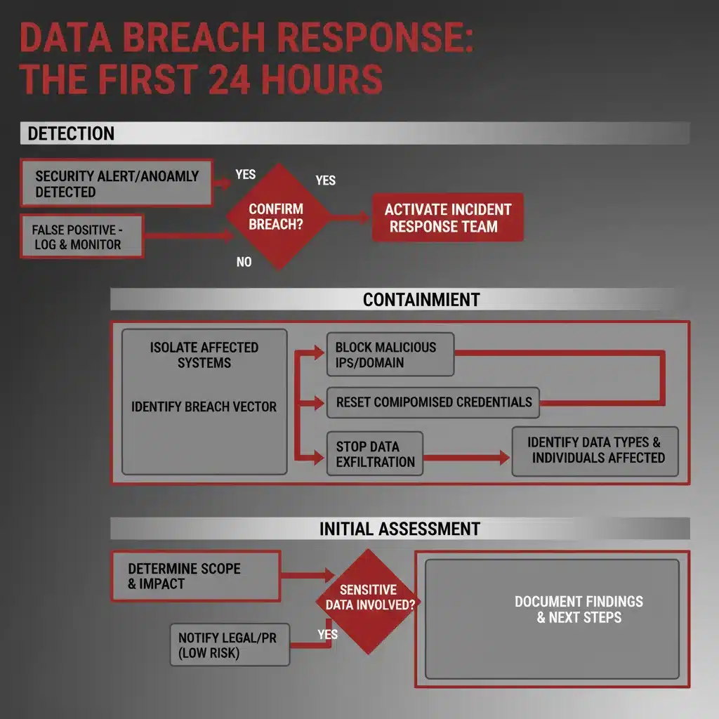 Flowchart detailing the critical first 24 hours of a data breach incident response, including detection and containment.