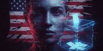 Digital rendering of a deepfake threat on US elections, showing a glitched face and ballot box.