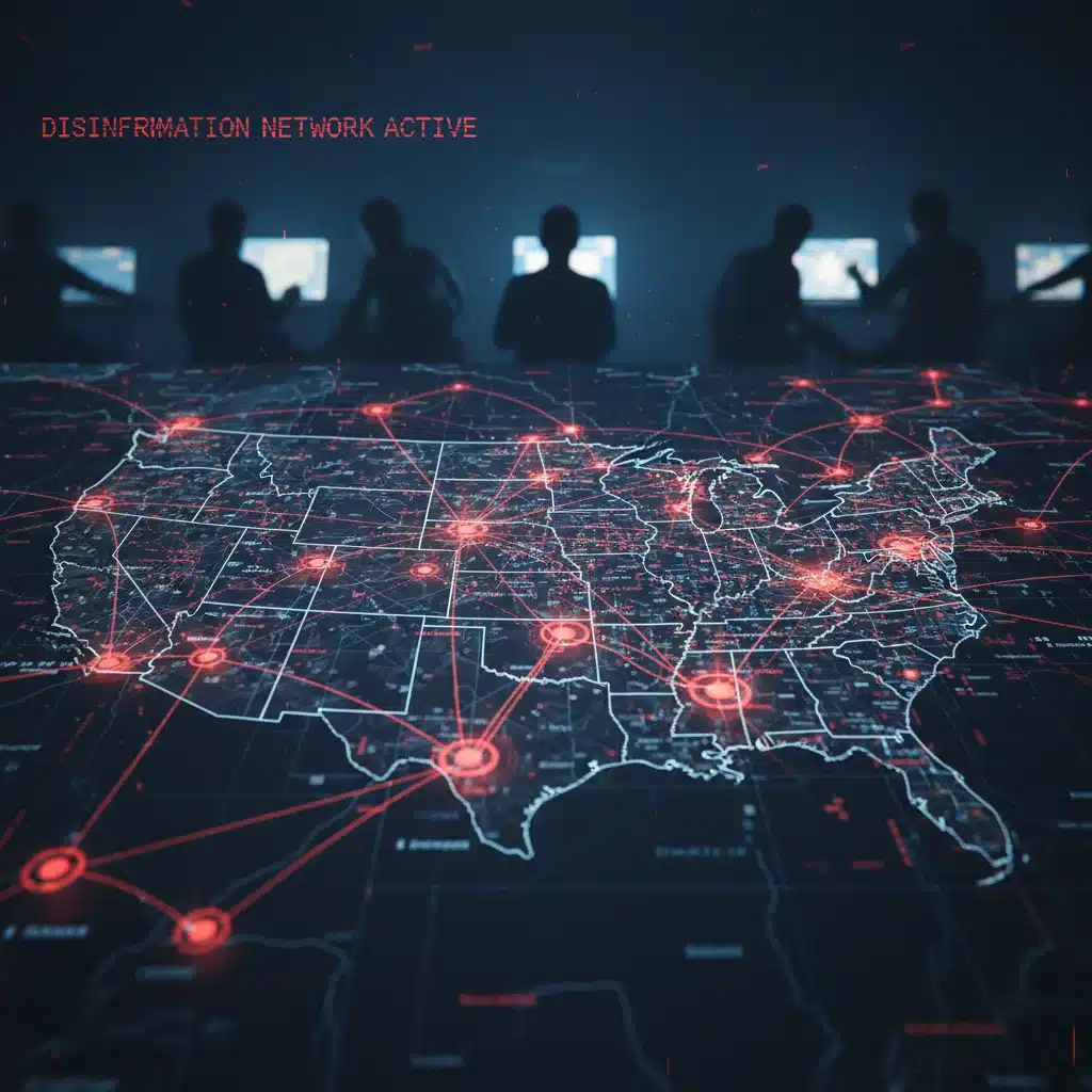 Global disinformation network spreading deepfake content across the US.