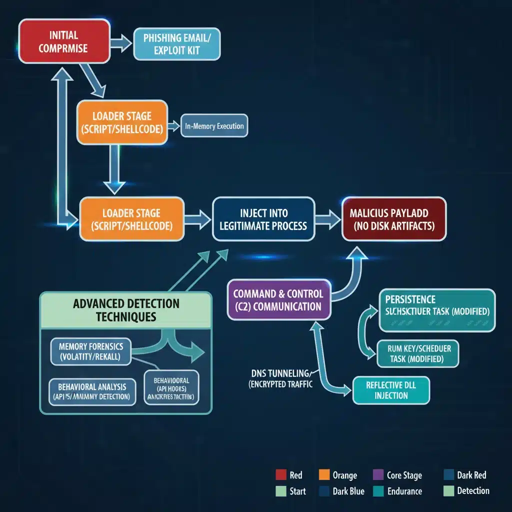 Diagram showing stages of a fileless malware attack and intervention points for detection techniques.