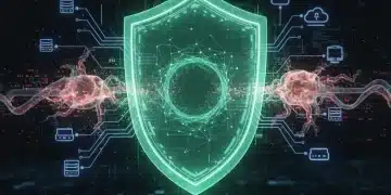 Digital shield protecting a network from fileless malware attacks, representing advanced cybersecurity.