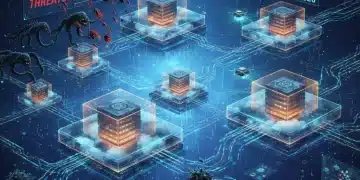 Futuristic hybrid cloud environment with secure data flows and advanced threat detection systems.