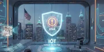 Futuristic smart home with glowing data lines and a digital shield, representing advanced IoT threat detection in the US.