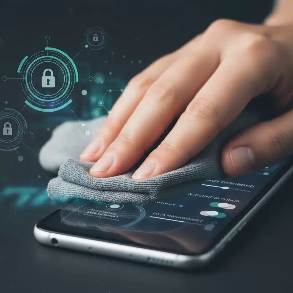Hand cleaning smartphone, managing digital privacy settings