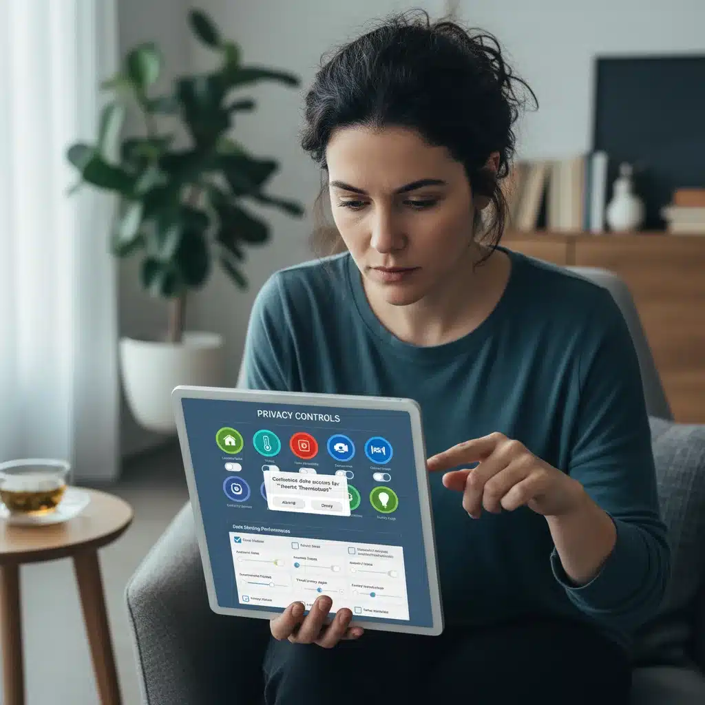Person customising privacy settings on a tablet for smart home devices, highlighting user control over data.