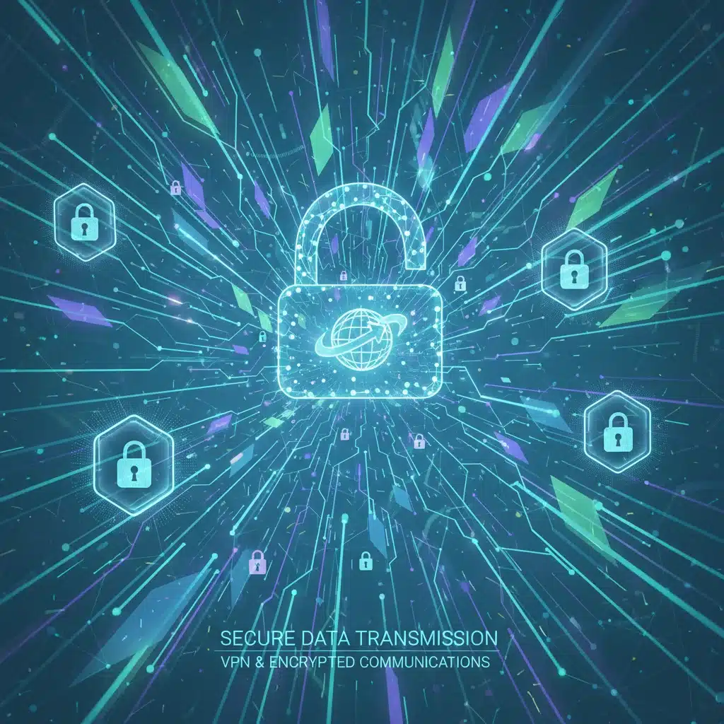 Encrypted data flow through a secure network with padlock icon