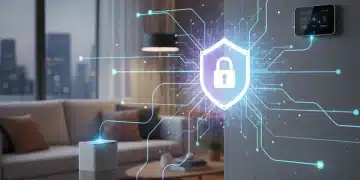 Digital shield protecting an array of interconnected smart home devices, representing robust smart device security measures.