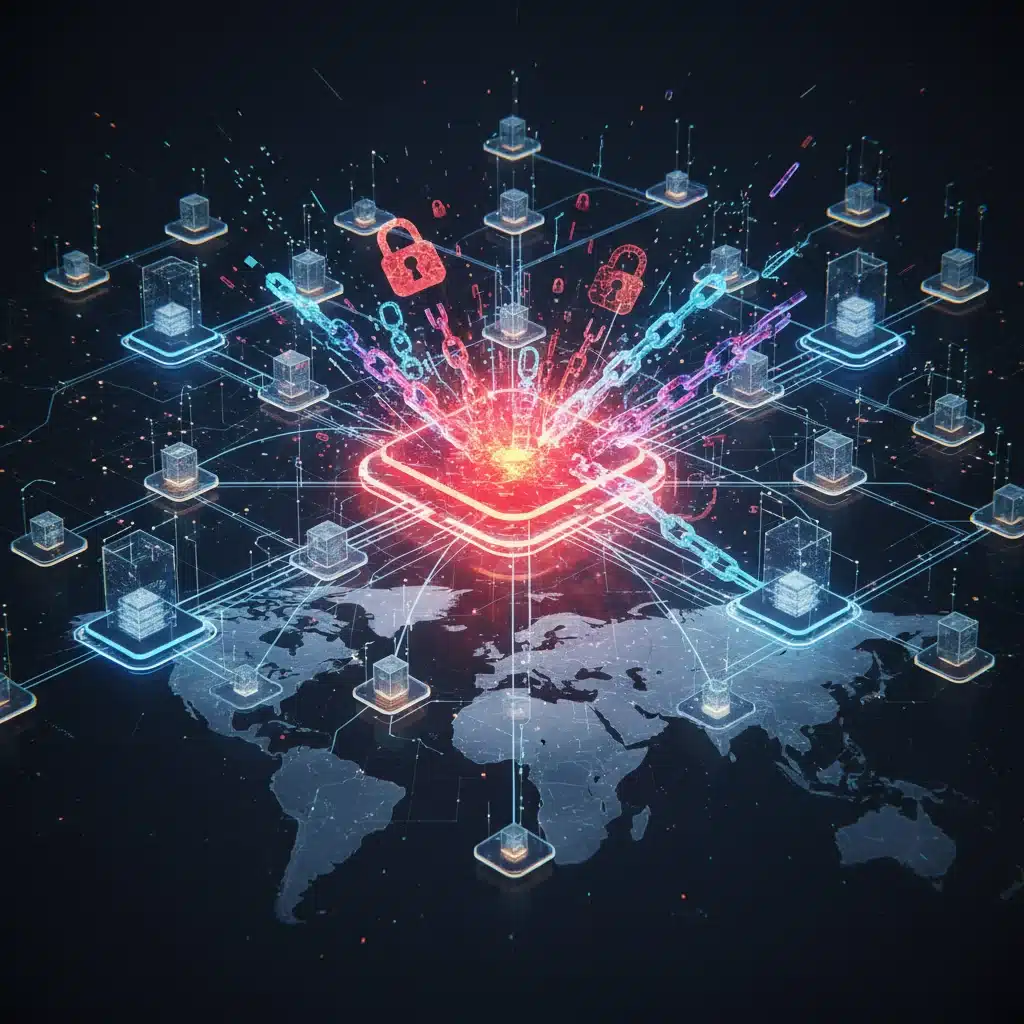 Visual representation of a compromised supply chain node, highlighting vulnerabilities.