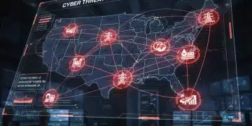 Digital network overlaying US map, highlighting critical infrastructure cyber threats.