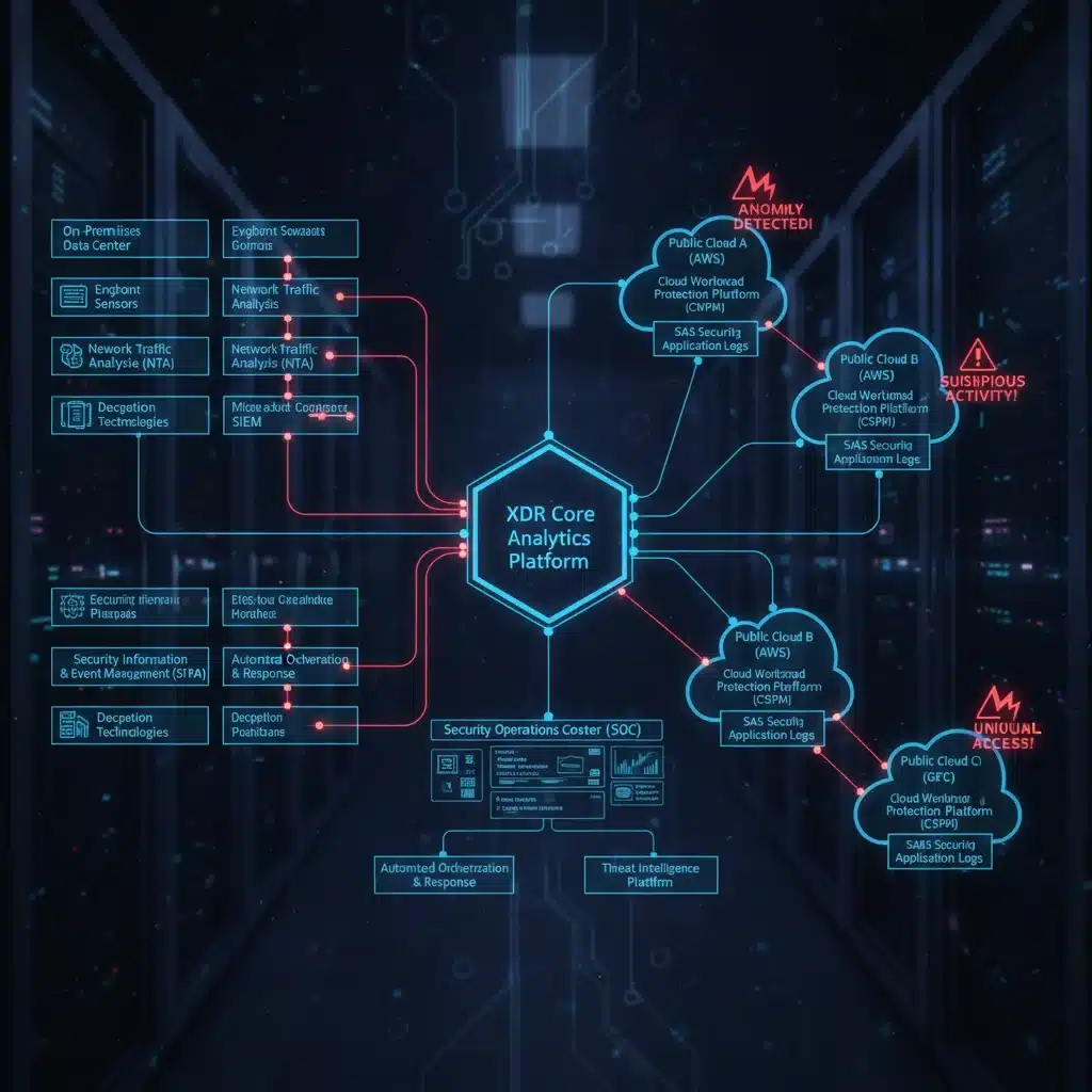 Network diagram showing an XDR system monitoring hybrid cloud and on-premises environments with anomaly alerts.