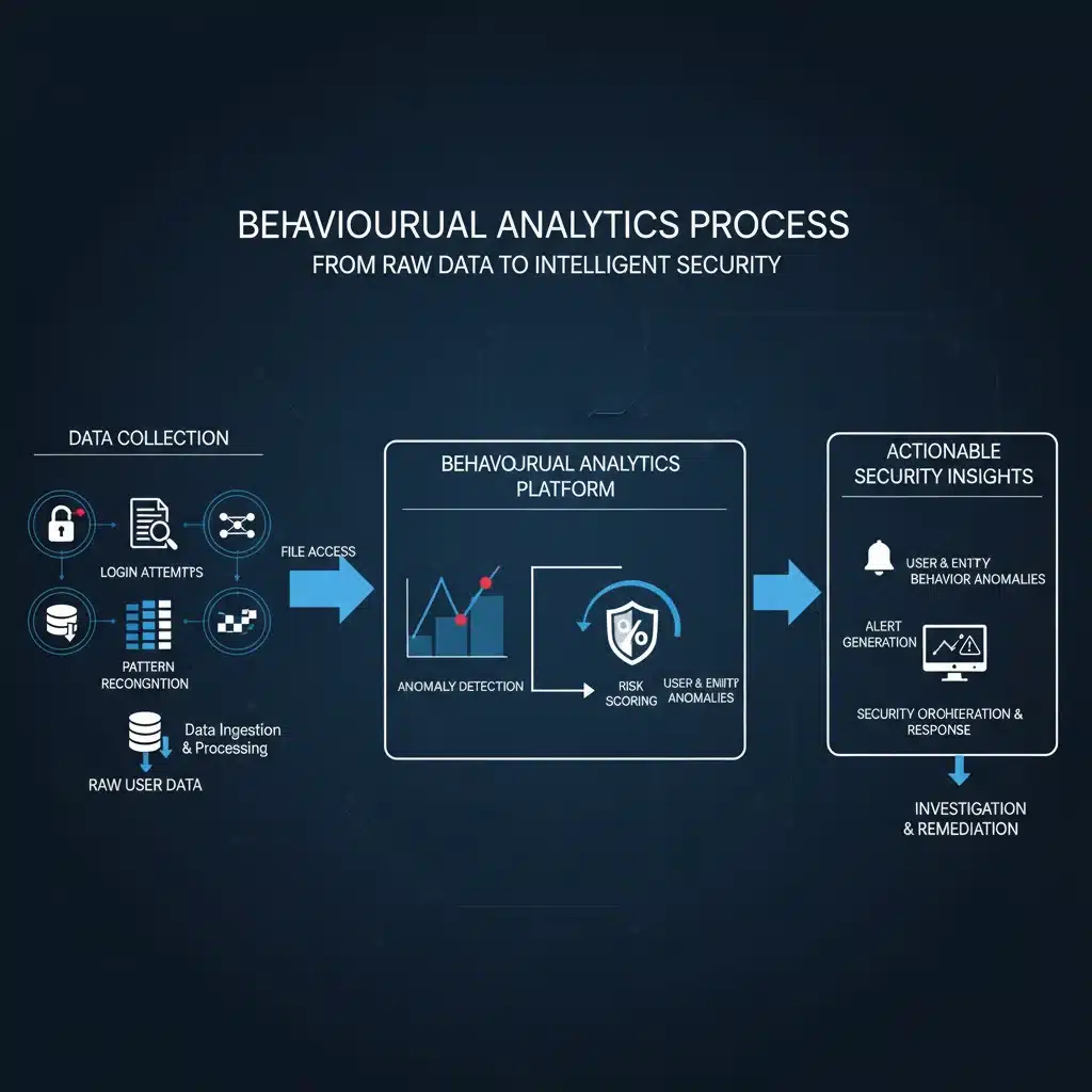 Flowchart depicting the stages of behavioural analytics for insider threat detection.