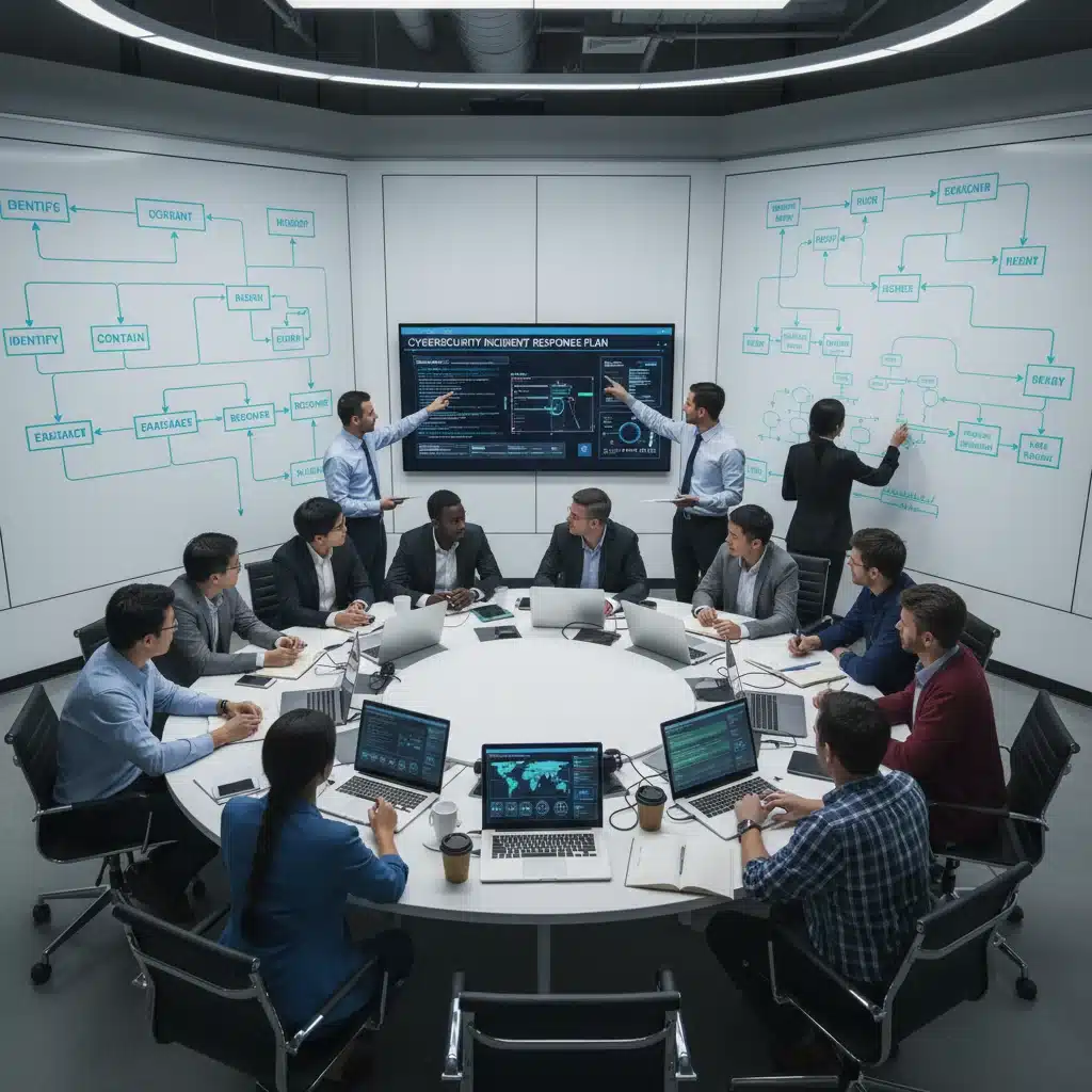 IT professionals collaborating on a cybersecurity incident response plan to reduce risk.