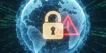 Digital representation of global software supply chain under cyber attack, with padlock and warning signs.