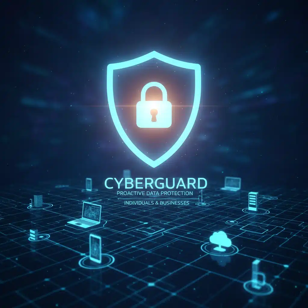 Cybersecurity shield protecting a network of digital devices, symbolising data protection.
